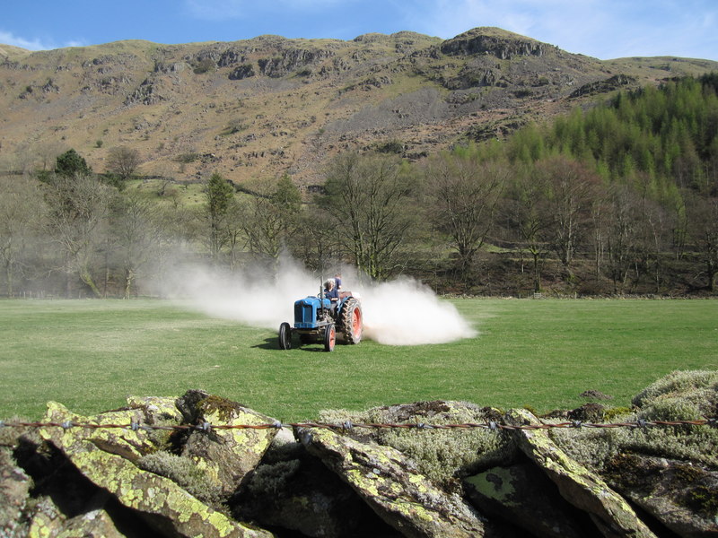 Farmer using lime to neutralise soil